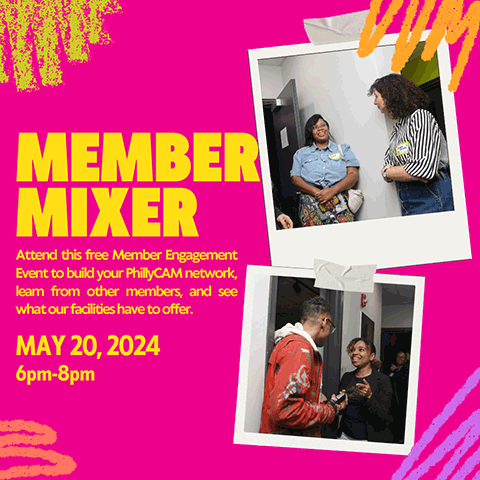 two photos of members on pink background titled Member Mixer on May 20, 2024 6 PM to 8 PM