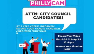 Characters one with a megaphone, another with a sign that says vote and a third character is behind a lectern. Encouraging candidates to make a video at PhillyCAM