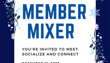 Member Mixer on blue background surrounded by holiday wreath